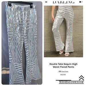Sequin High Waist Flared Pants - Silver